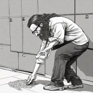 AI-generated image from the prompt 'A man, with long hair, glasses, and a beard, bending over to pick something up off the floor' 