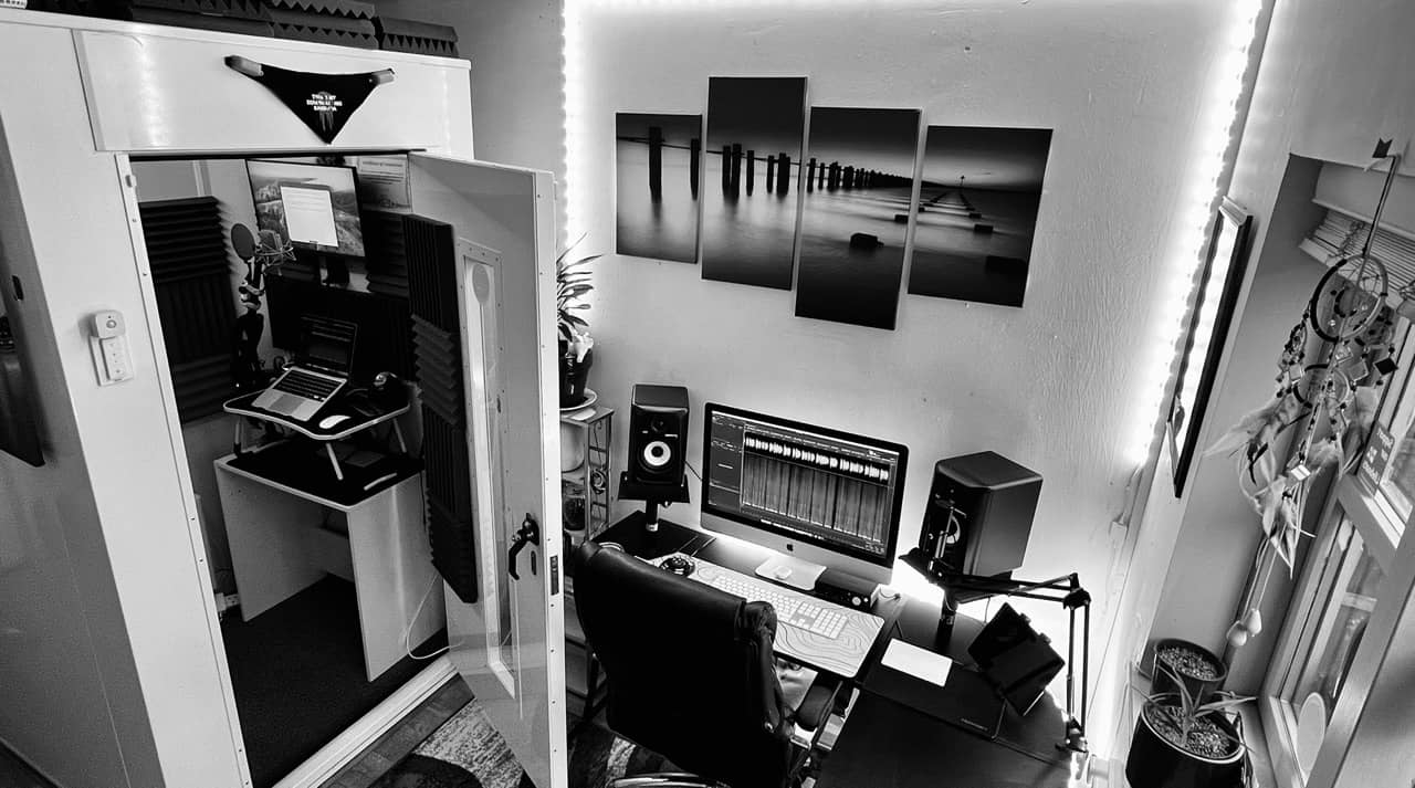 studio and recording booth in black and white