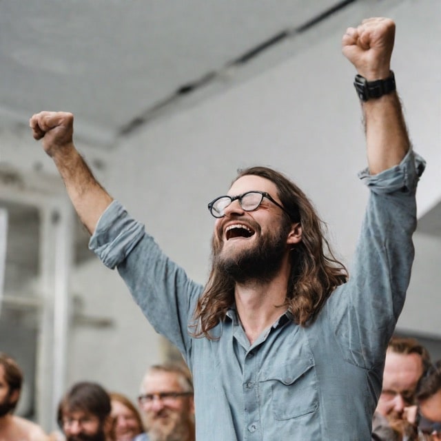 AI-Generated image from the prompt: ‘An English VoiceOver artist with long hair, glasses and a short beard with arms in the air looking happy'